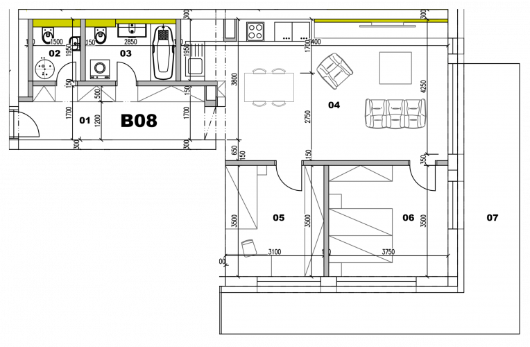 Byt Bytovka B - Byt B08 3i - pôdorys, 101.50m², 3 izby, Banská Bystrica Na Kačici