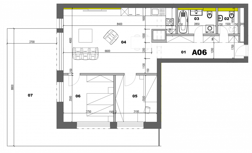 Byt Bytovka A - Byt A06 3i - pôdorys, 121.80m², 3 izby, Banská Bystrica Na Kačici