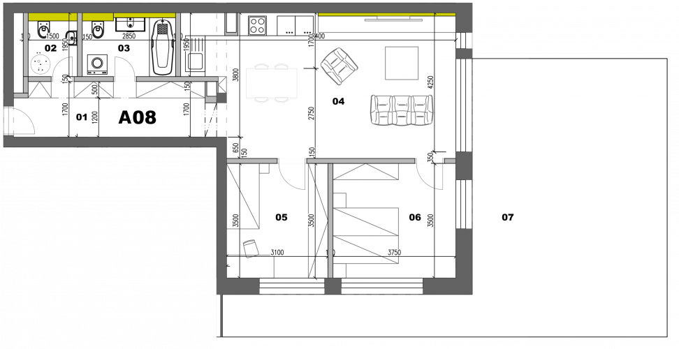 Byt Bytovka A - Byt A08 3i - pôdorys, 137.20m², 3 izby, Banská Bystrica Na Kačici