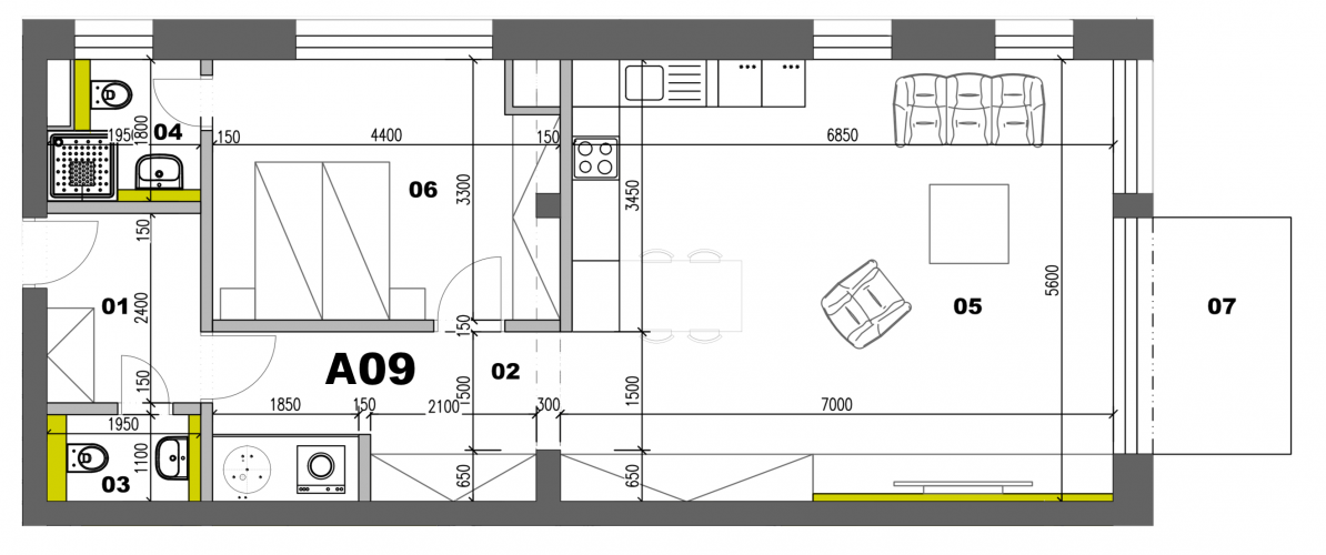 Byt Bytovka A - Byt A09 2i - pôdorys, 77.20m², 2 izby, Banská Bystrica Na Kačici